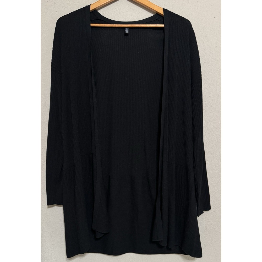Eileen Fisher Black Open Cardigan M Lightweight Waffle Knit Career‎ Wear